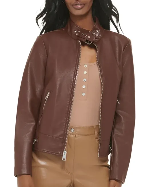 womens-chocolate-brown-faux-leather-racer-jacket