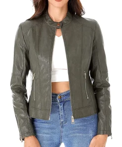 womens-green-faux-leather-zip-up-slim-fit-jacket