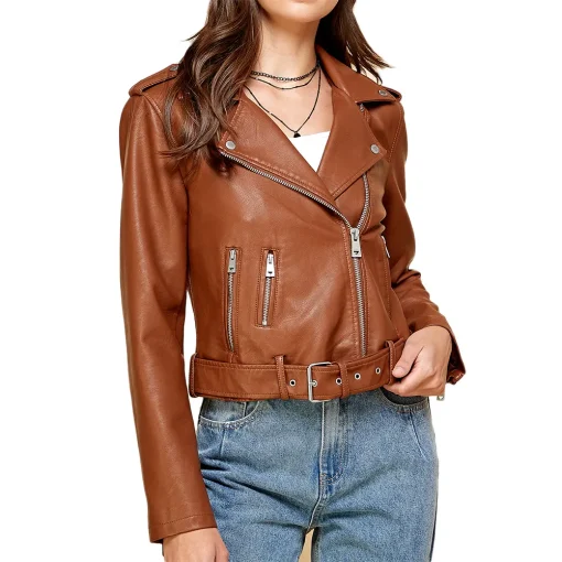 womens-lapel-collar-brown-faux-leather-motorcycle-jacket