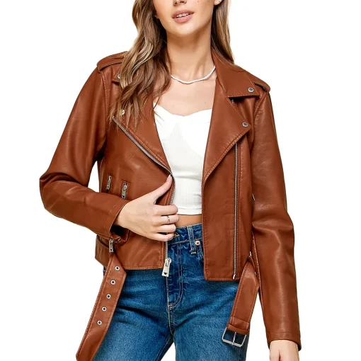 womens-lapel-collar-brown-faux-leather-motorcycle-jacket