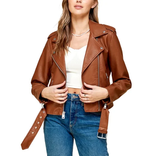 womens-lapel-collar-brown-faux-leather-motorcycle-jacket