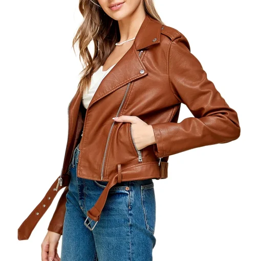 womens-lapel-collar-brown-faux-leather-motorcycle-jacket