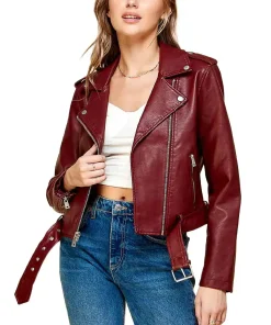 womens-lapel-collar-maroon-faux-leather-motorcycle-jacket