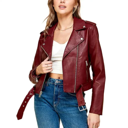 womens-lapel-collar-maroon-faux-leather-motorcycle-jacket