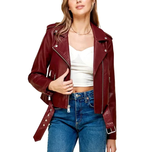 womens-lapel-collar-maroon-faux-leather-motorcycle-jacket