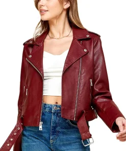 womens-lapel-collar-maroon-faux-leather-motorcycle-jacket