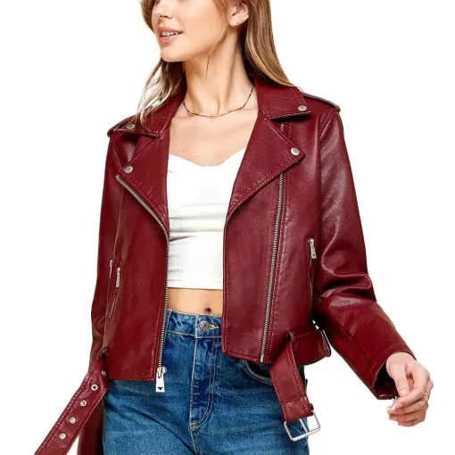 womens-lapel-collar-maroon-faux-leather-motorcycle-jacket