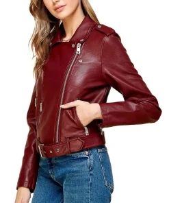 womens-lapel-collar-maroon-faux-leather-motorcycle-jacket