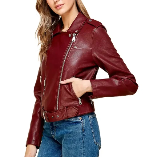 womens-lapel-collar-maroon-faux-leather-motorcycle-jacket