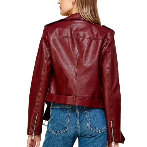 womens-lapel-collar-maroon-faux-leather-motorcycle-jacket