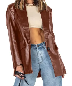 womens-long-sleeve-lapel-button-down-faux-leather-brown-blazer