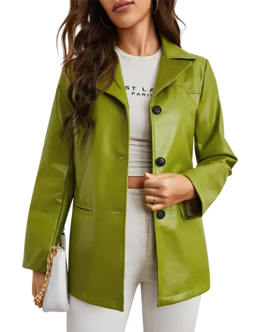 womens-single-breasted-green-faux-leather-blazer