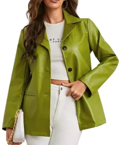 womens-single-breasted-green-faux-leather-blazer