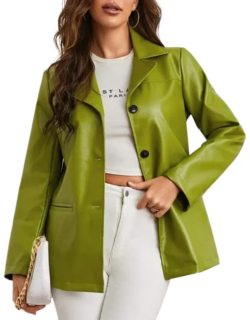 womens-single-breasted-green-faux-leather-blazer