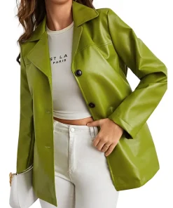 womens-single-breasted-green-faux-leather-blazer