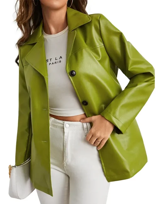 womens-single-breasted-green-faux-leather-blazer