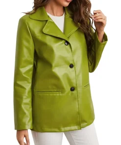 womens-single-breasted-green-faux-leather-blazer