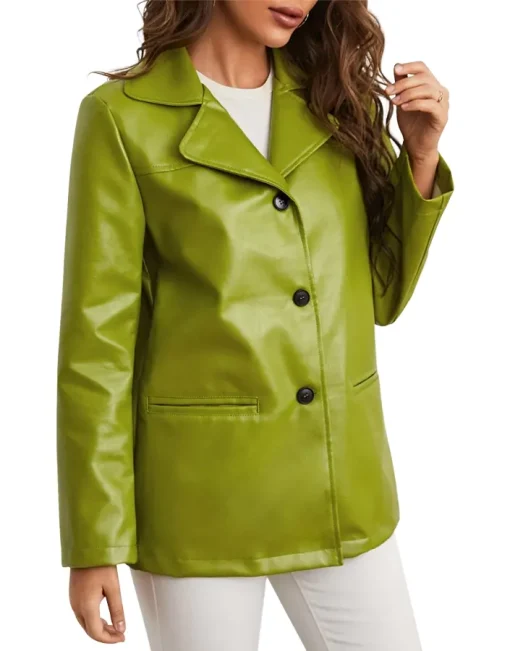 womens-single-breasted-green-faux-leather-blazer