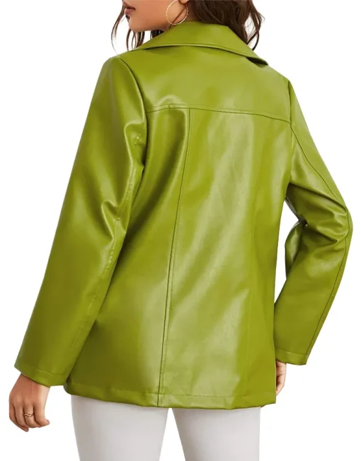 womens-single-breasted-green-faux-leather-blazer