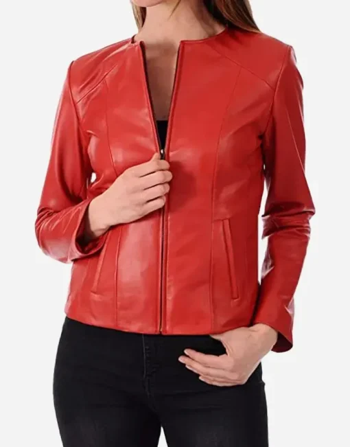 womens-slim-fit-collarless-red-faux-leather-jacket