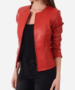 womens-slim-fit-collarless-red-faux-leather-jacket