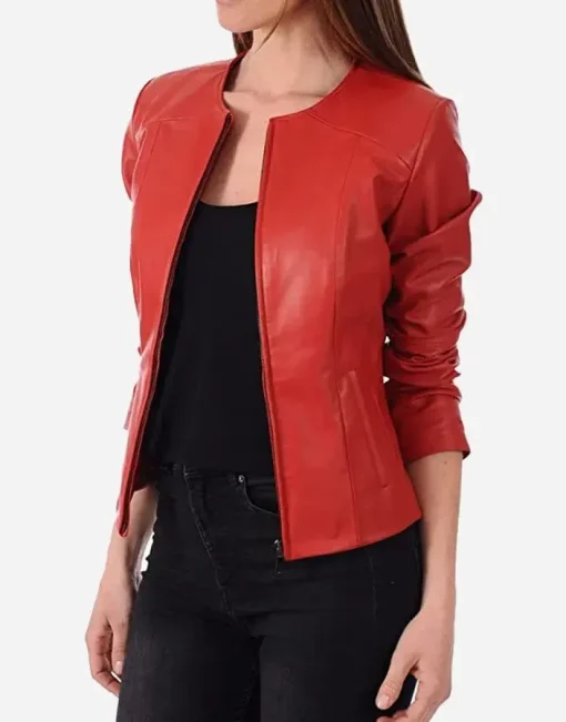 womens-slim-fit-collarless-red-faux-leather-jacket