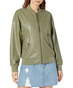 womens-slim-fit-olive-green-faux-leather-bomber-jacket