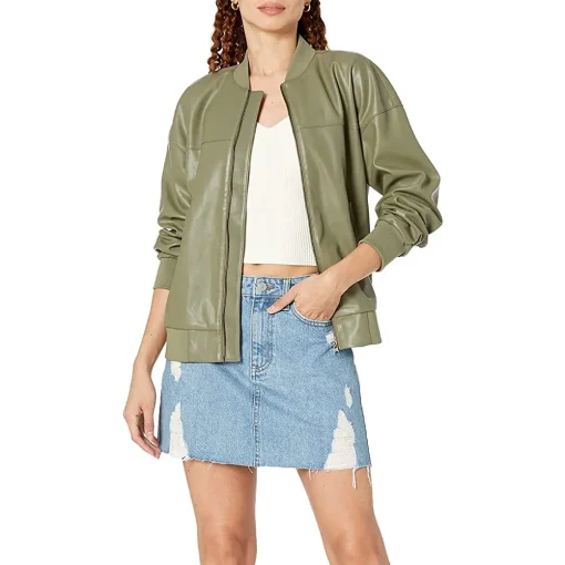 womens-slim-fit-olive-green-faux-leather-bomber-jacket