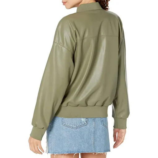 womens-slim-fit-olive-green-faux-leather-bomber-jacket