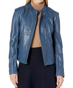 womens-stand-collar-blue-faux-leather-jacket