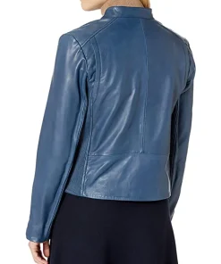 womens-stand-collar-blue-faux-leather-jacket