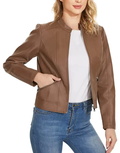 womens-stand-collar-slim-fit-brown-faux-leather-jacket