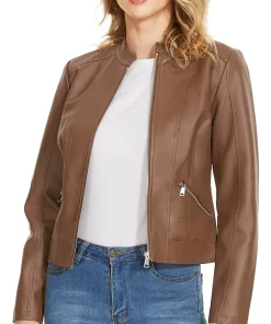 womens-stand-collar-slim-fit-brown-faux-leather-jacket