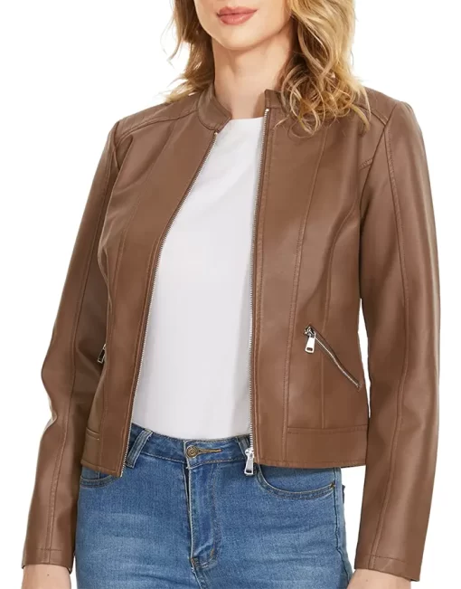 womens-stand-collar-slim-fit-brown-faux-leather-jacket