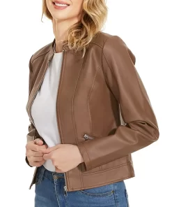 womens-stand-collar-slim-fit-brown-faux-leather-jacket