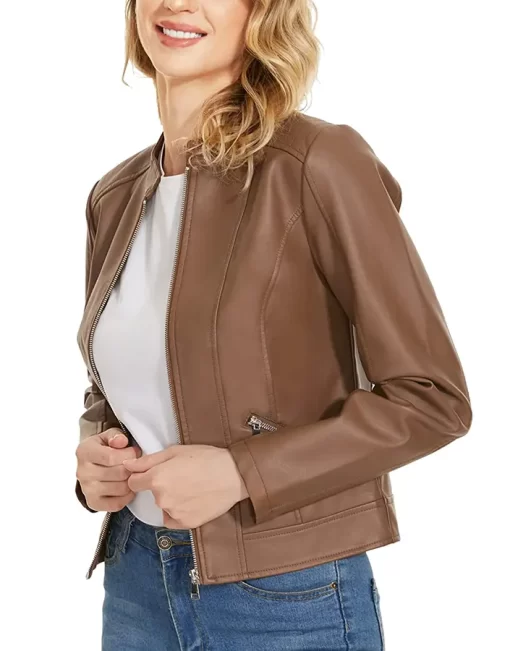 womens-stand-collar-slim-fit-brown-faux-leather-jacket