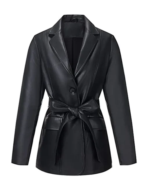 womens-stylish-black-faux-leather-belted-blazer