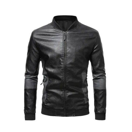 mens-black-faux-leather-paneled-zip-bomber-jacket