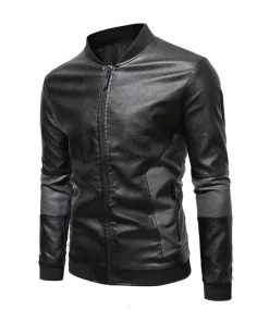 mens-black-faux-leather-paneled-zip-bomber-jacket