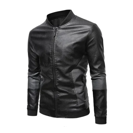 mens-black-faux-leather-paneled-zip-bomber-jacket