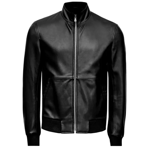 mens-black-slim-fit-faux-leather-bomber-jacket