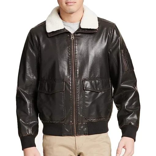 mens-dark-brown-faux-leather-aviator-sherpa-collar-bomber-jacket