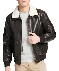 mens-dark-brown-faux-leather-aviator-sherpa-collar-bomber-jacket