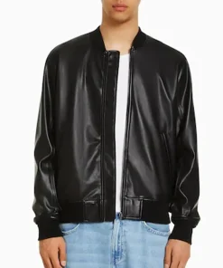 mens-rib-collar-black-faux-leather-bomber-jacket