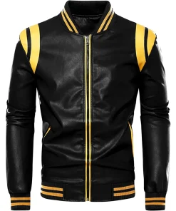 mens-stand-collar-black-and-yellow-faux-leather-bomber-jacket