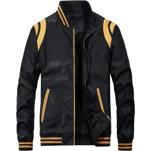 mens-stand-collar-black-and-yellow-faux-leather-bomber-jacket