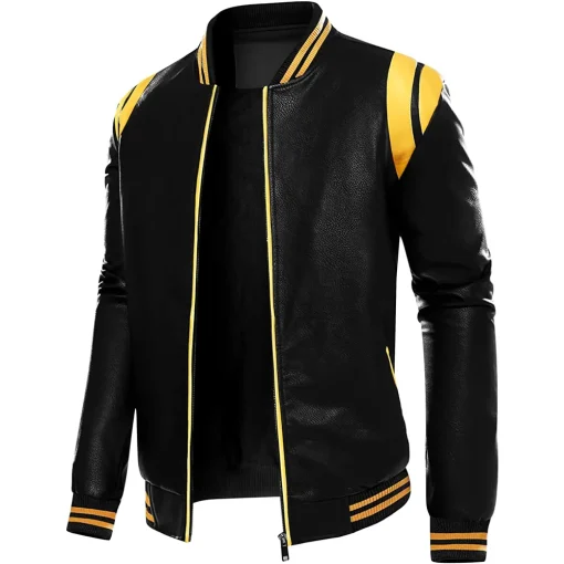 mens-stand-collar-black-and-yellow-faux-leather-bomber-jacket