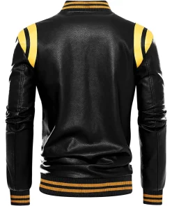 mens-stand-collar-black-and-yellow-faux-leather-bomber-jacket