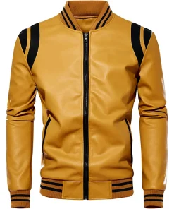 mens-stand-collar-yellow-and-black-faux-leather-bomber-jacket