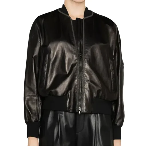 womens-band-collar-black-faux-leather-bomber-jacket